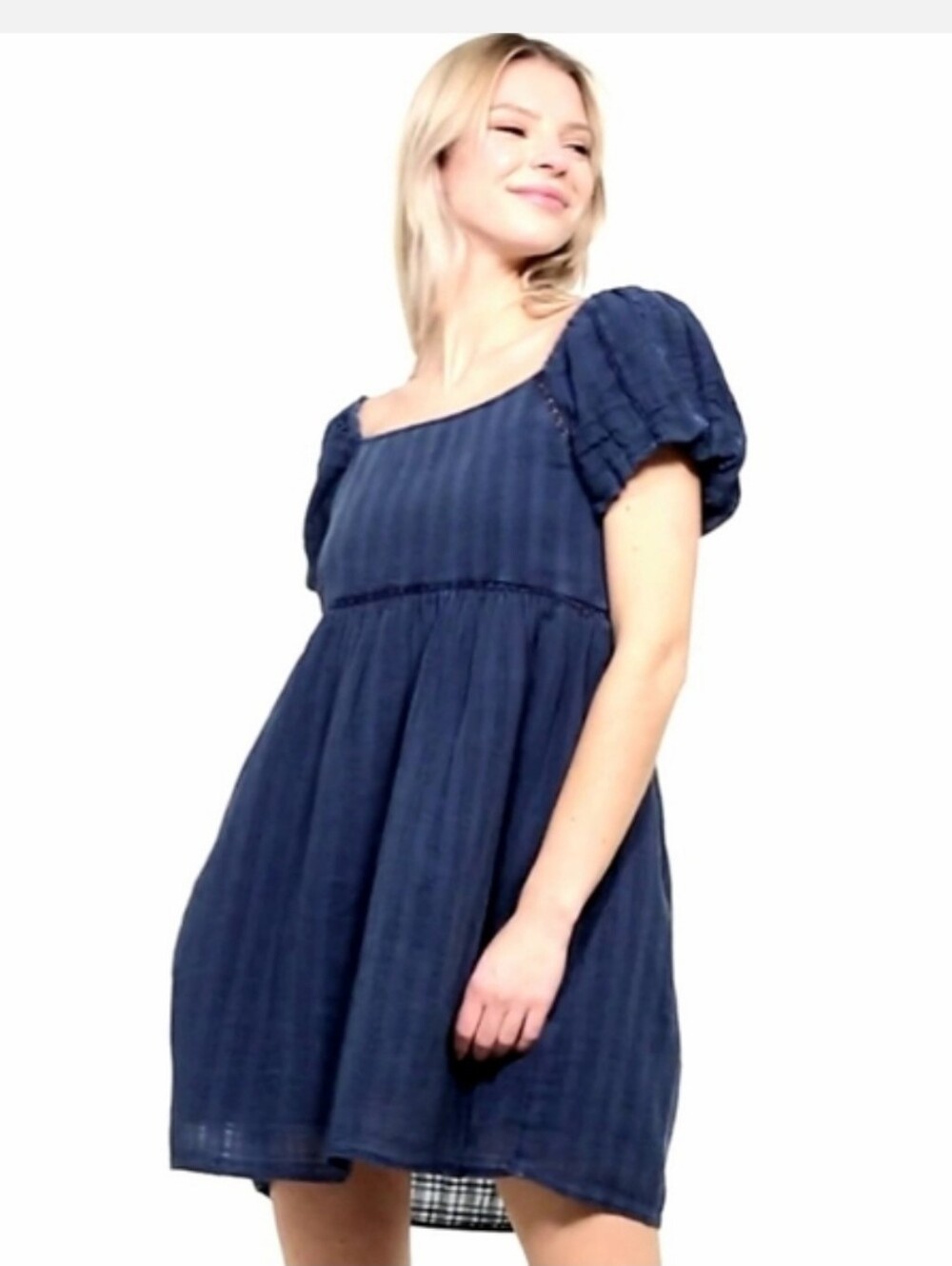 À E Blue Puffer Sleeve Baby Doll Dress